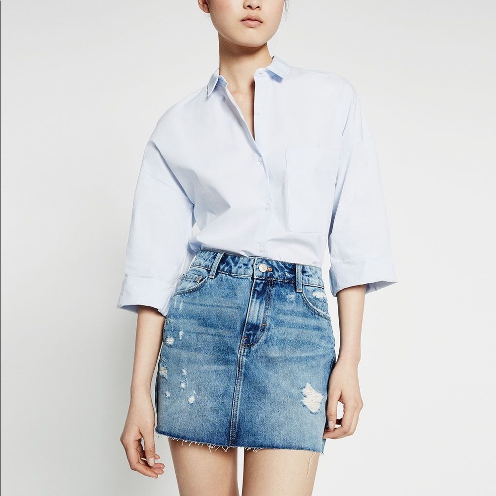 Zara distressed high waist denim skirt